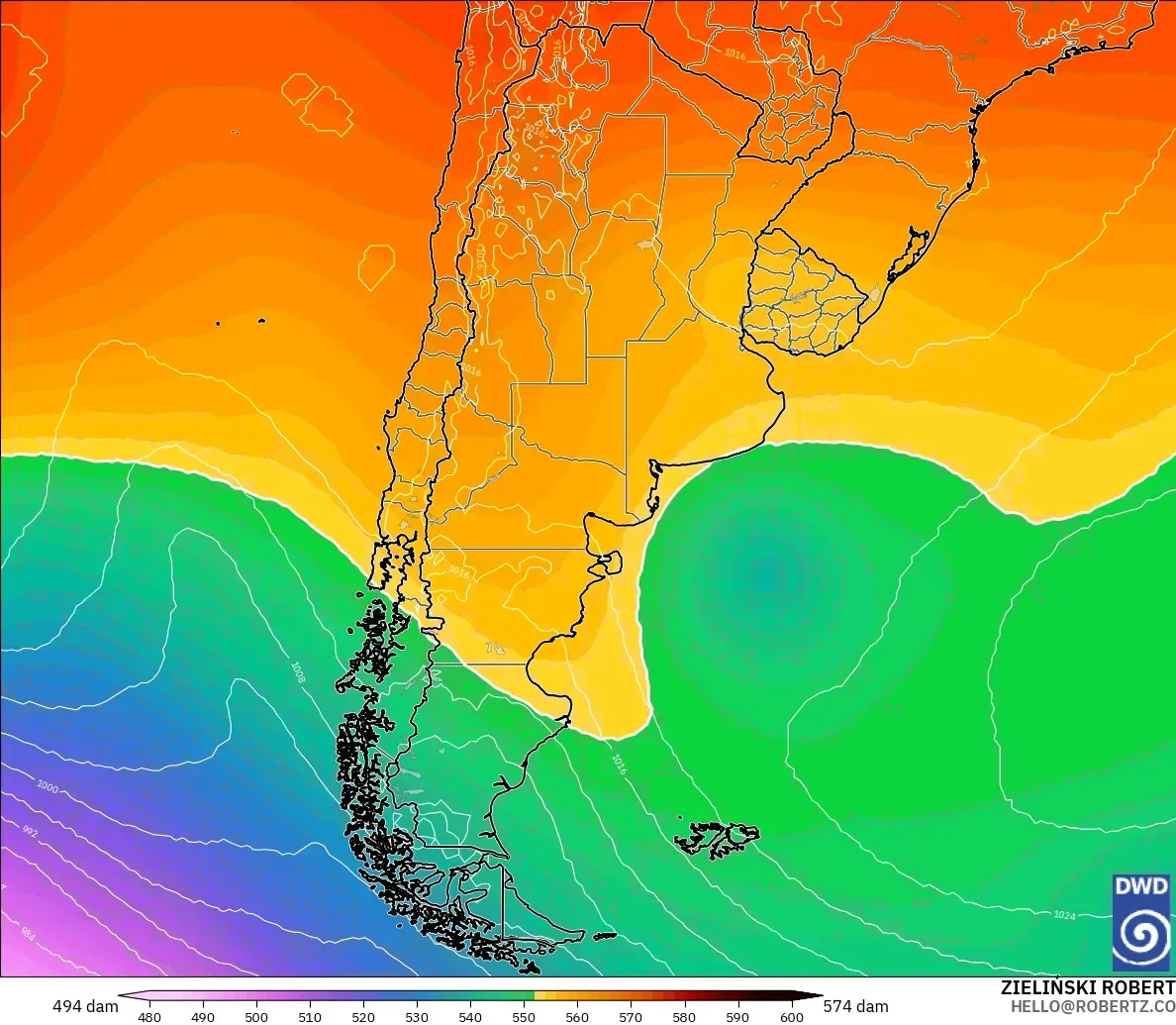 ICON modelo - Argentina, Geopotential height at 500hPa