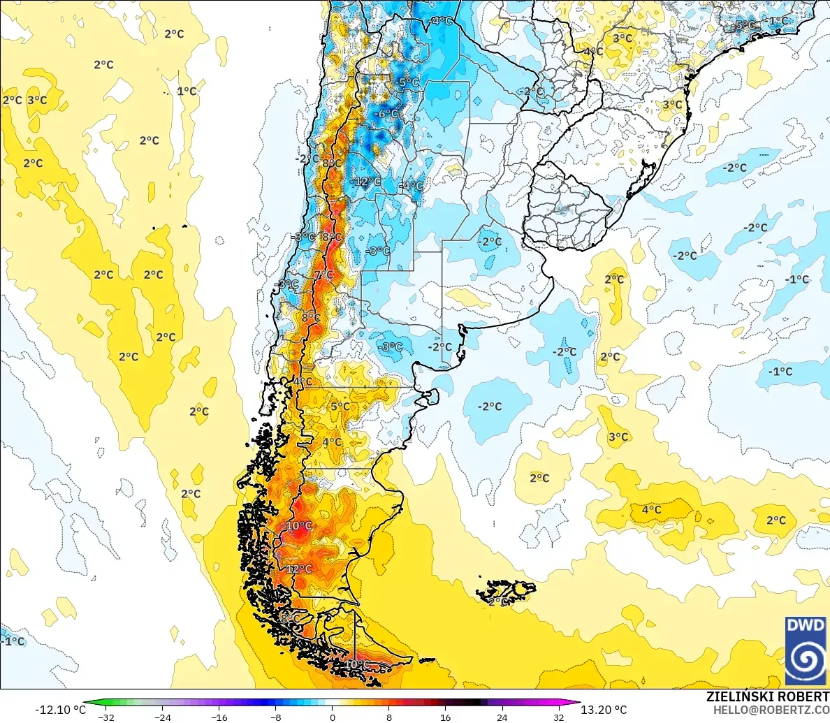 ICON modelo - Argentina, Temperature at 2m Anomaly