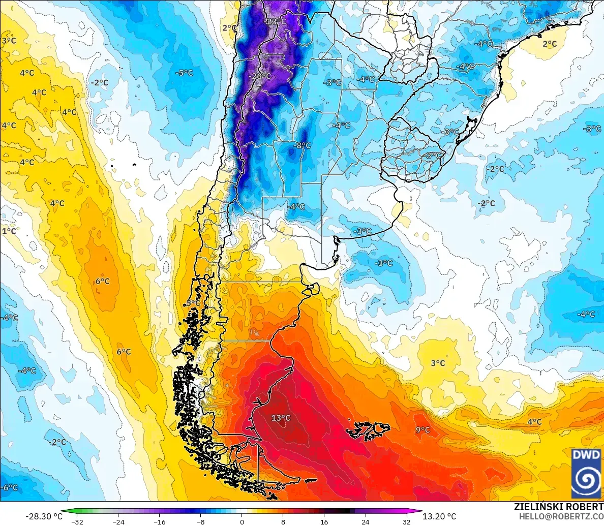 ICON modelo - Argentina, Temperature at 850hPa Anomaly