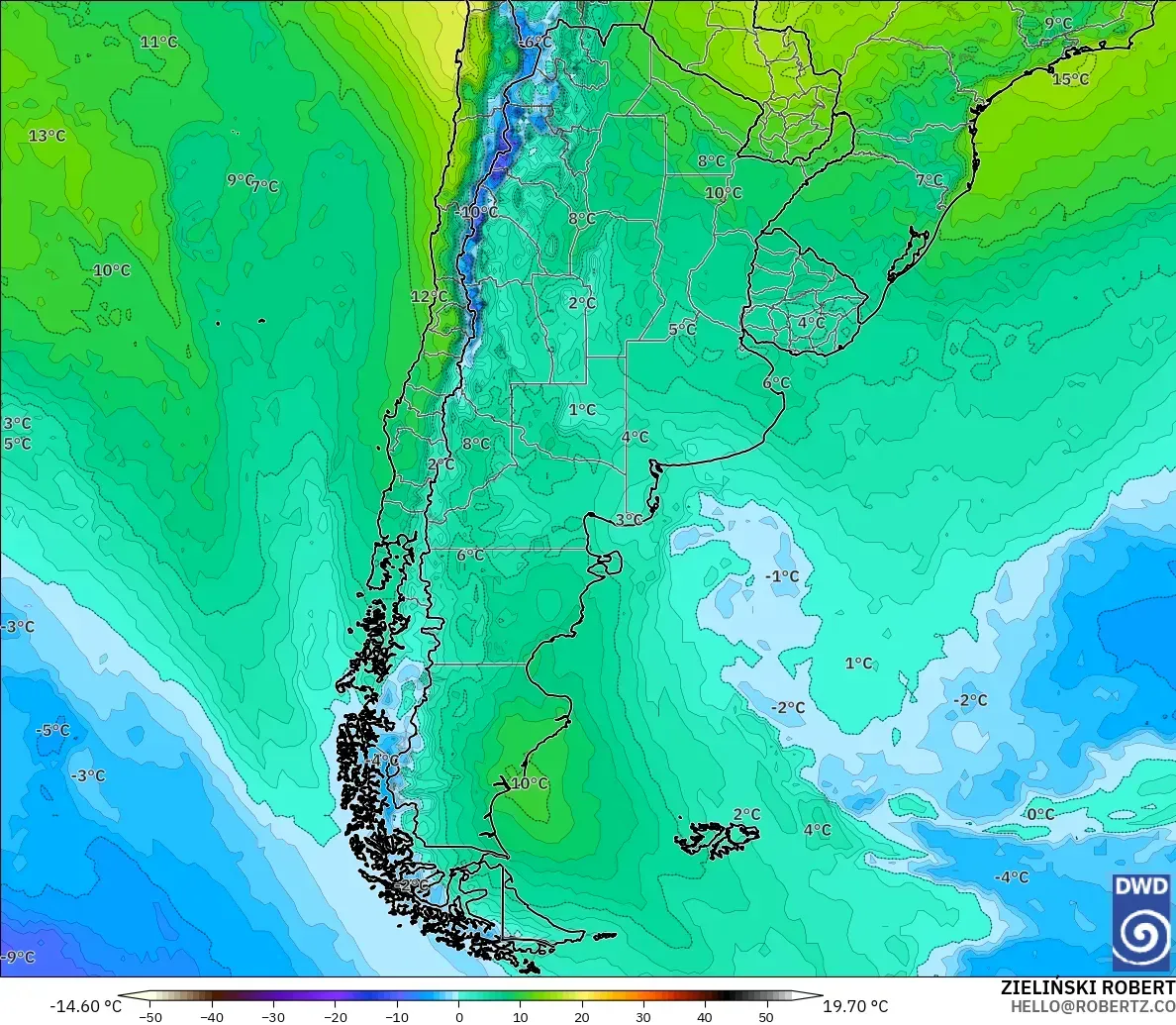 ICON modelo - Argentina, Temperature at 850hPa
