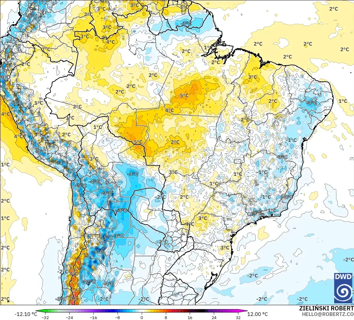 ICON modelo - Brazil, Temperature at 2m Anomaly