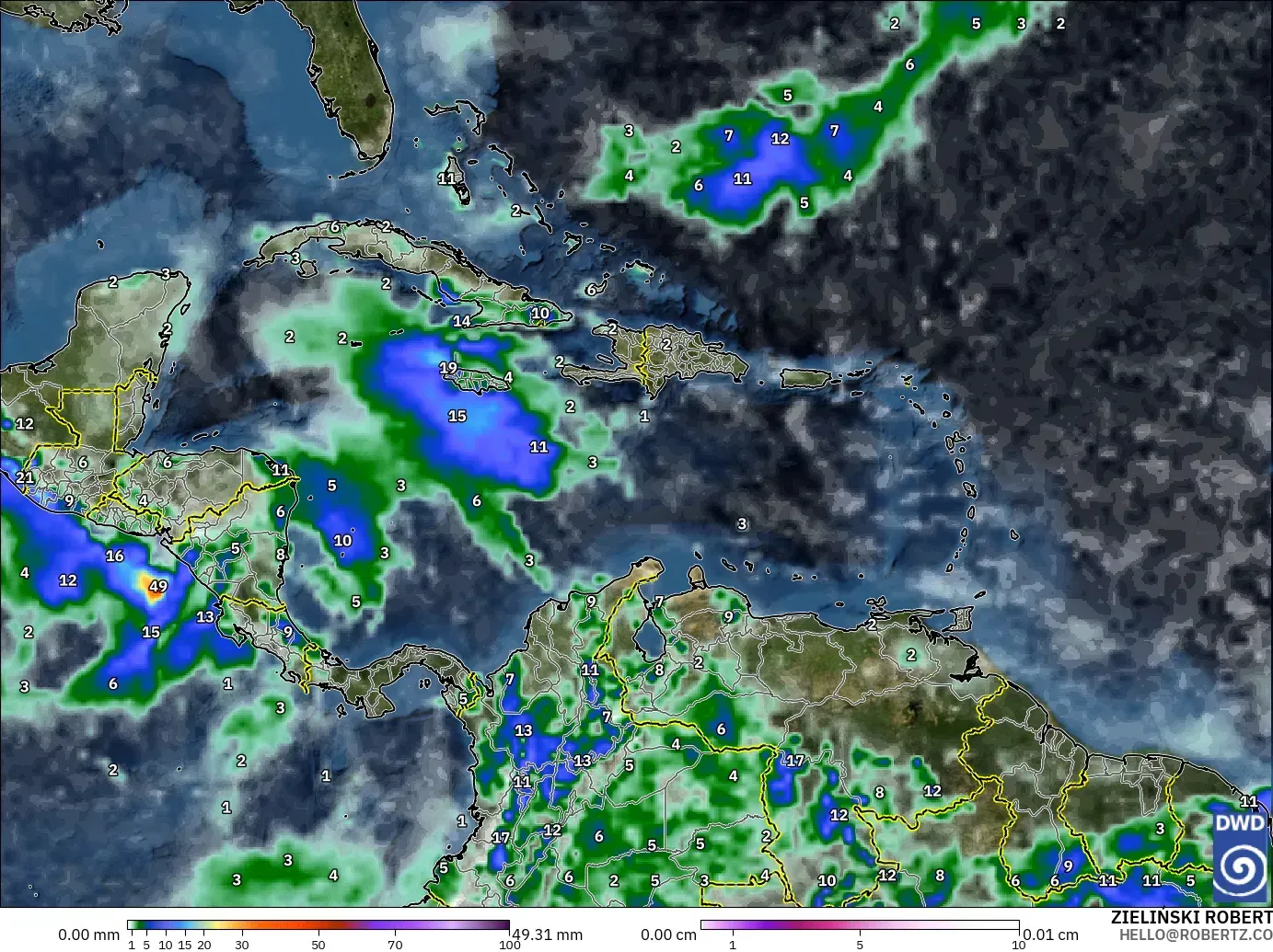 ICON modelo - Caribbean, Precipitation, Clouds, and Pressure