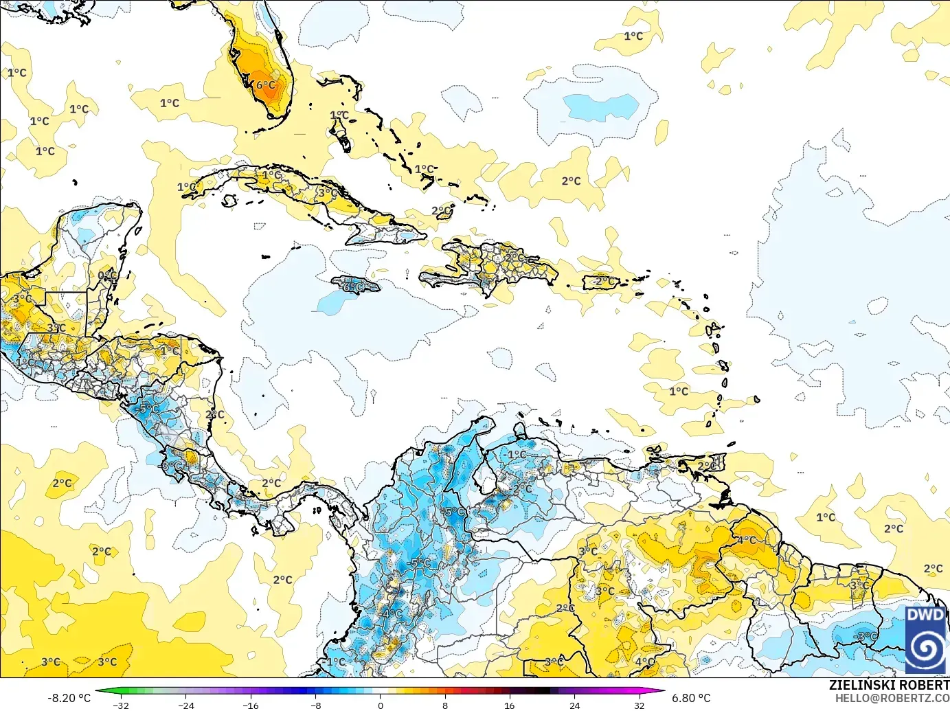 ICON modelo - Caribbean, Temperature at 2m Anomaly