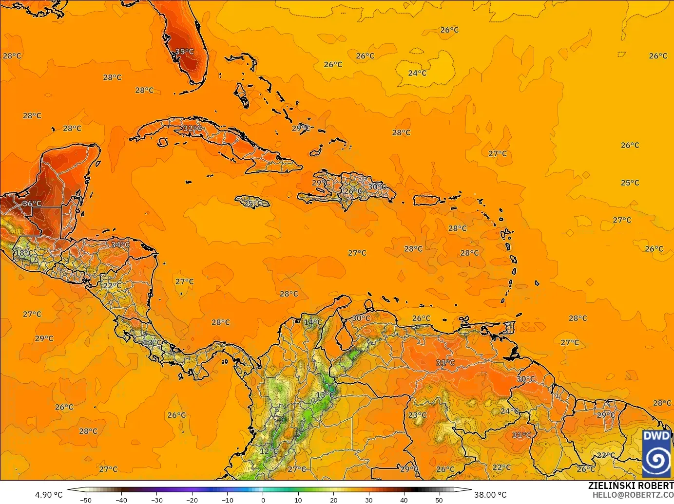 ICON modelo - Caribbean, Temperature at 2m