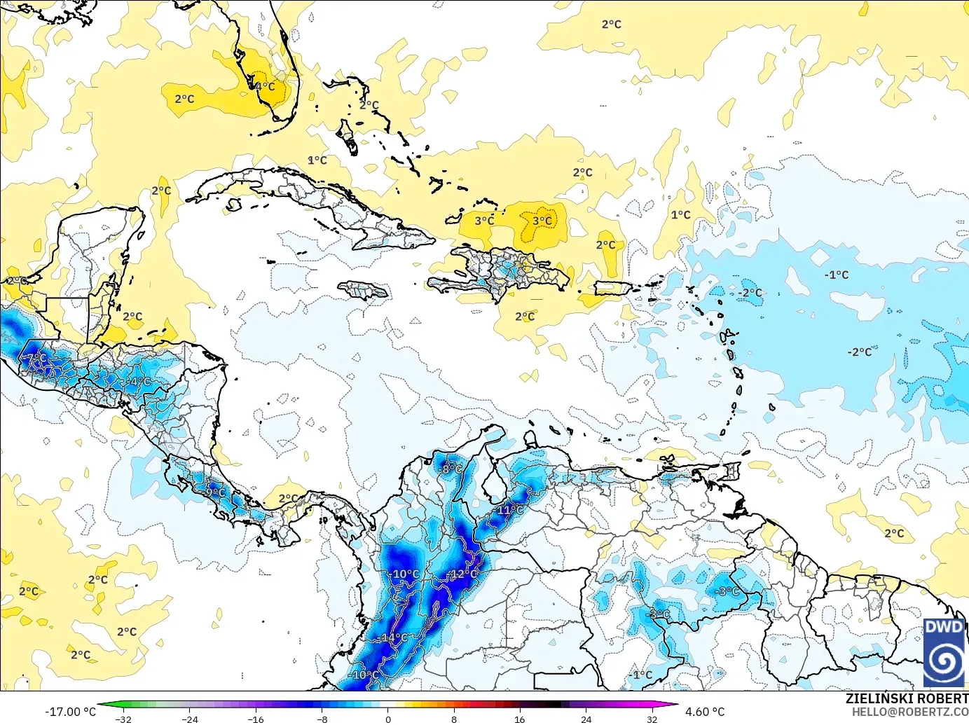 ICON model - Karibia, Anomali Suhu 850 hPa