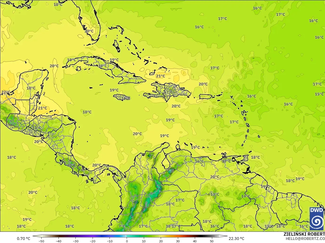 ICON modelo - Caribbean, Temperature at 850hPa