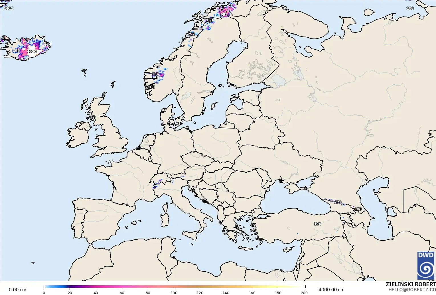 ICON modelo - Europe, Snow Depth
