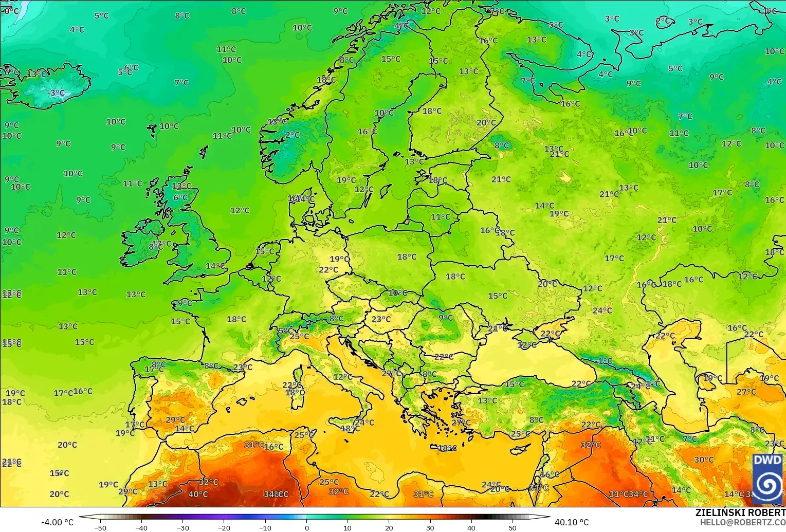 ICON modelo - Europe, Temperature at 2m