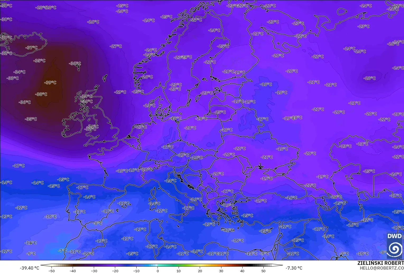 ICON modelo - Europe, Temperature at 500hPa