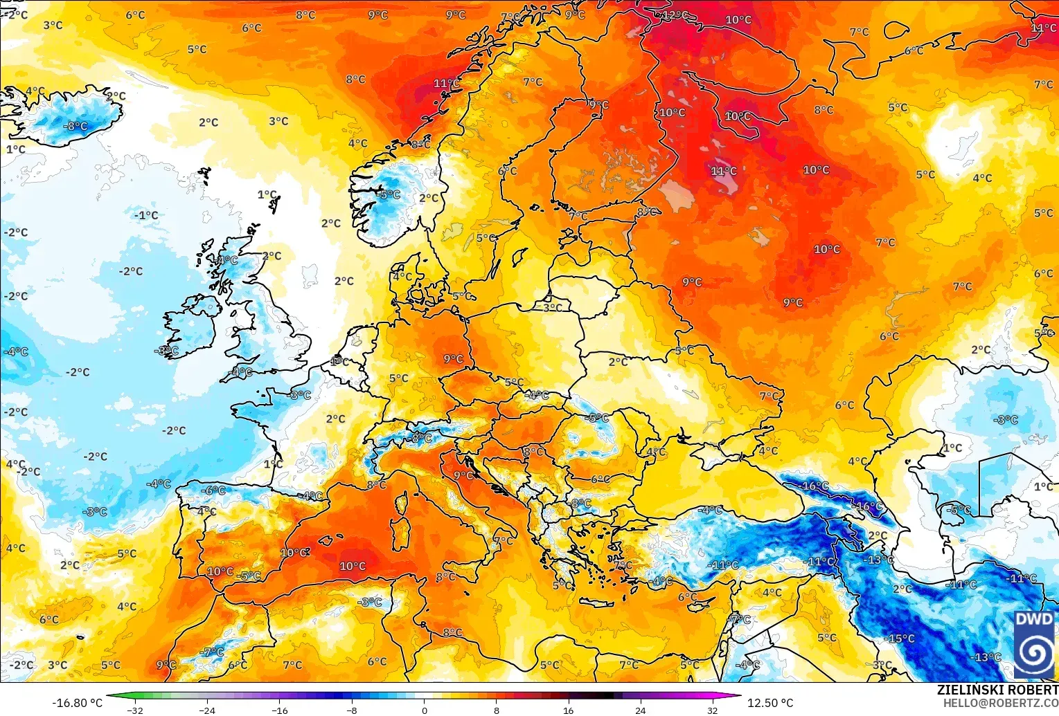 ICON modelo - Europe, Temperature at 850hPa Anomaly