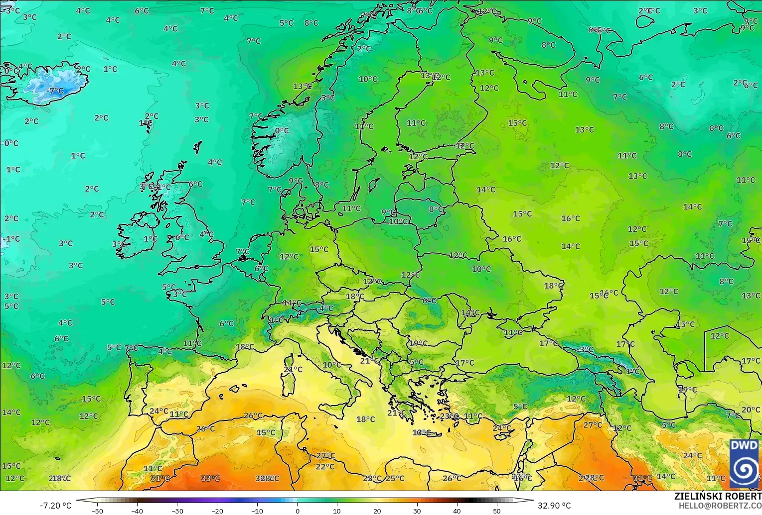 ICON modelo - Europe, Temperature at 850hPa
