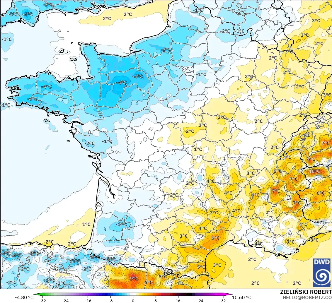 ICON modelo - France, Temperature at 2m Anomaly