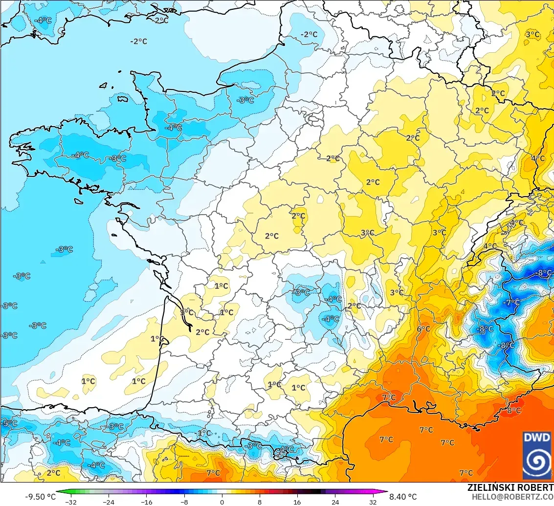 ICON modelo - France, Temperature at 850hPa Anomaly
