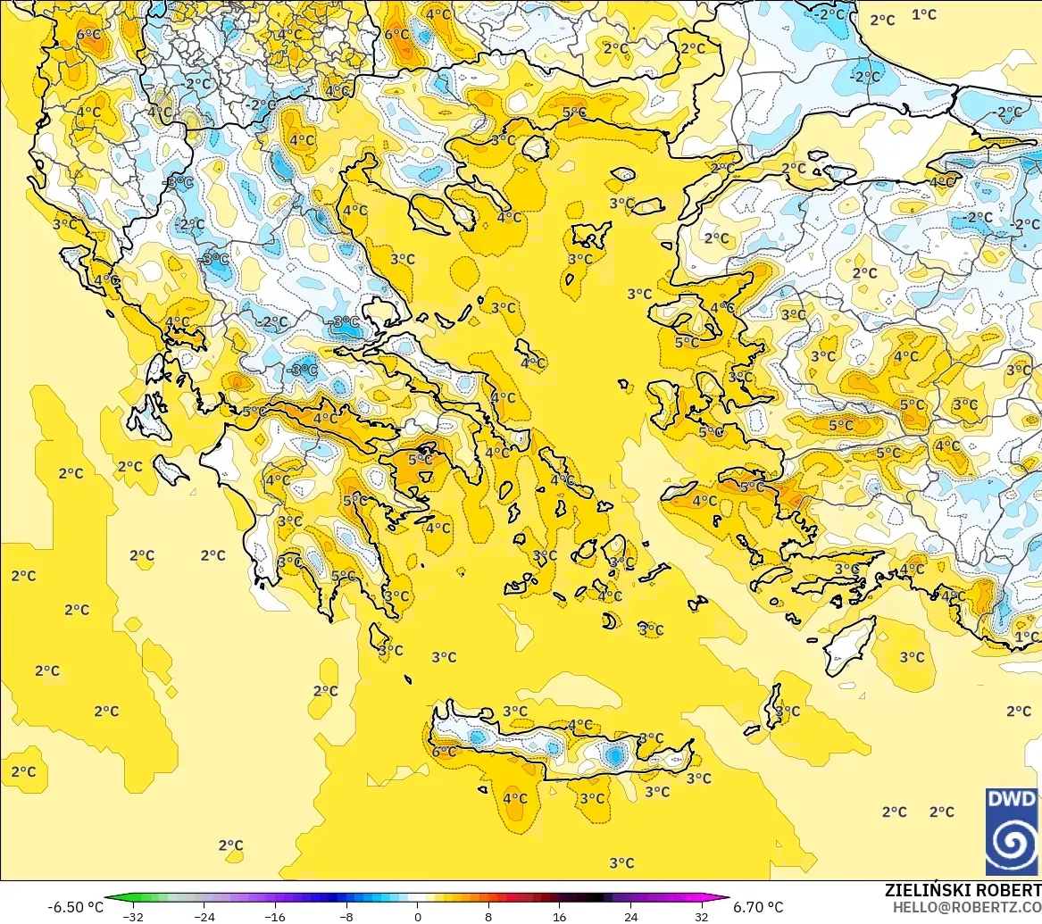 ICON modelo - Greece, Temperature at 2m Anomaly