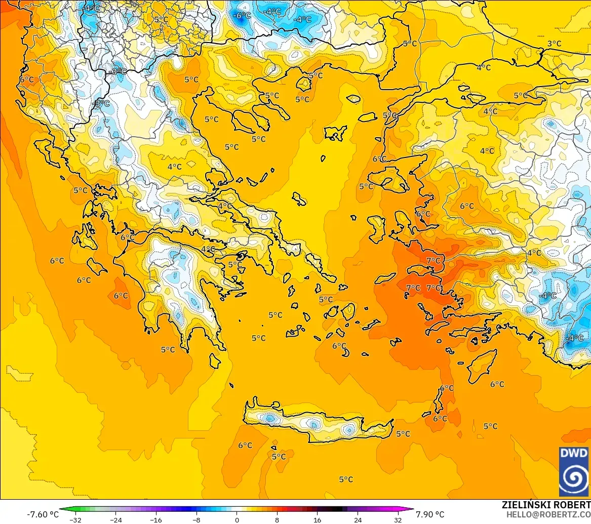 ICON modelo - Greece, Temperature at 850hPa Anomaly