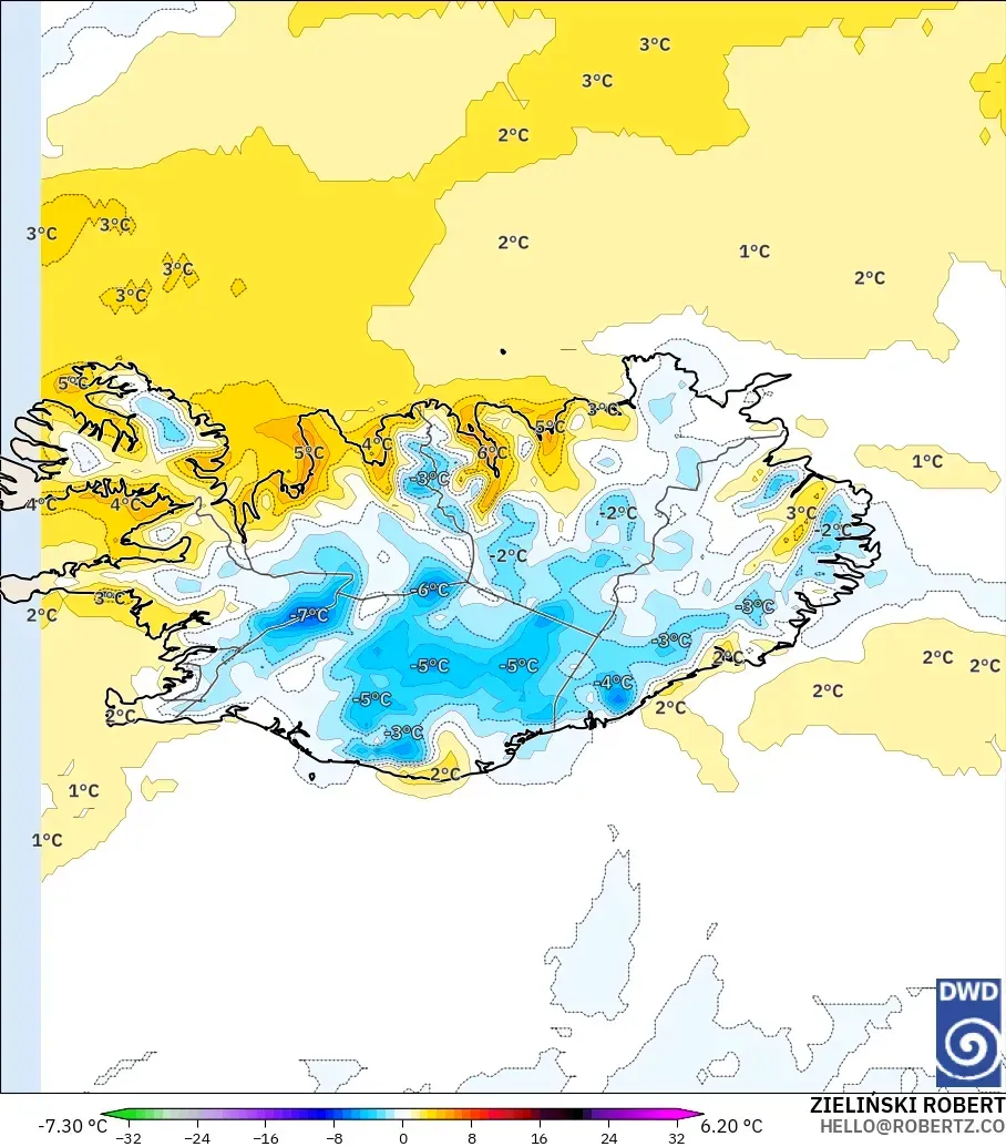 ICON modelo - Iceland, Temperature at 2m Anomaly