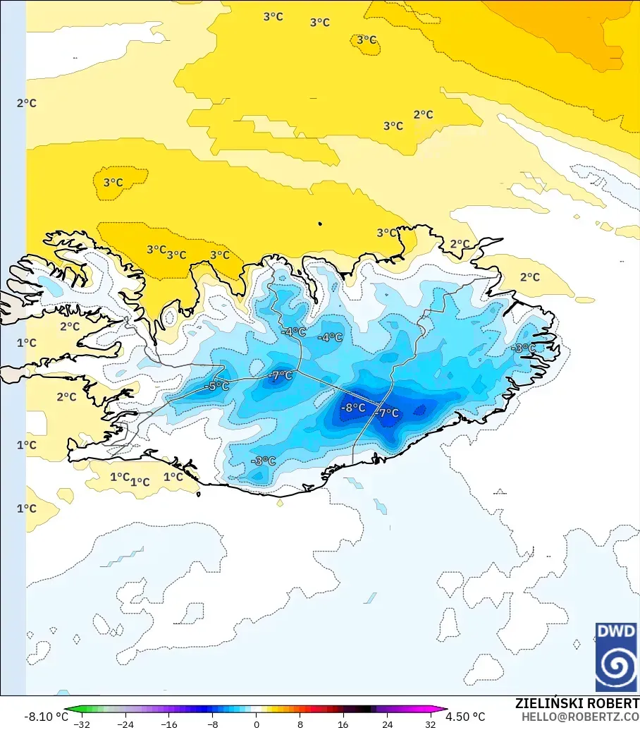 ICON model - Islandia, Anomali Suhu 850 hPa