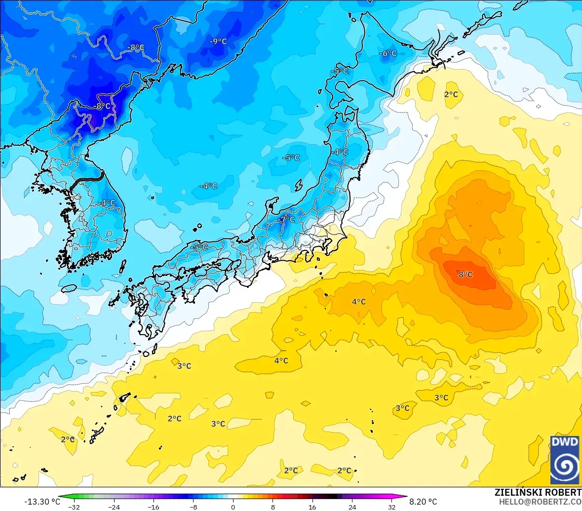 ICON modelo - Japan, Temperature at 850hPa Anomaly