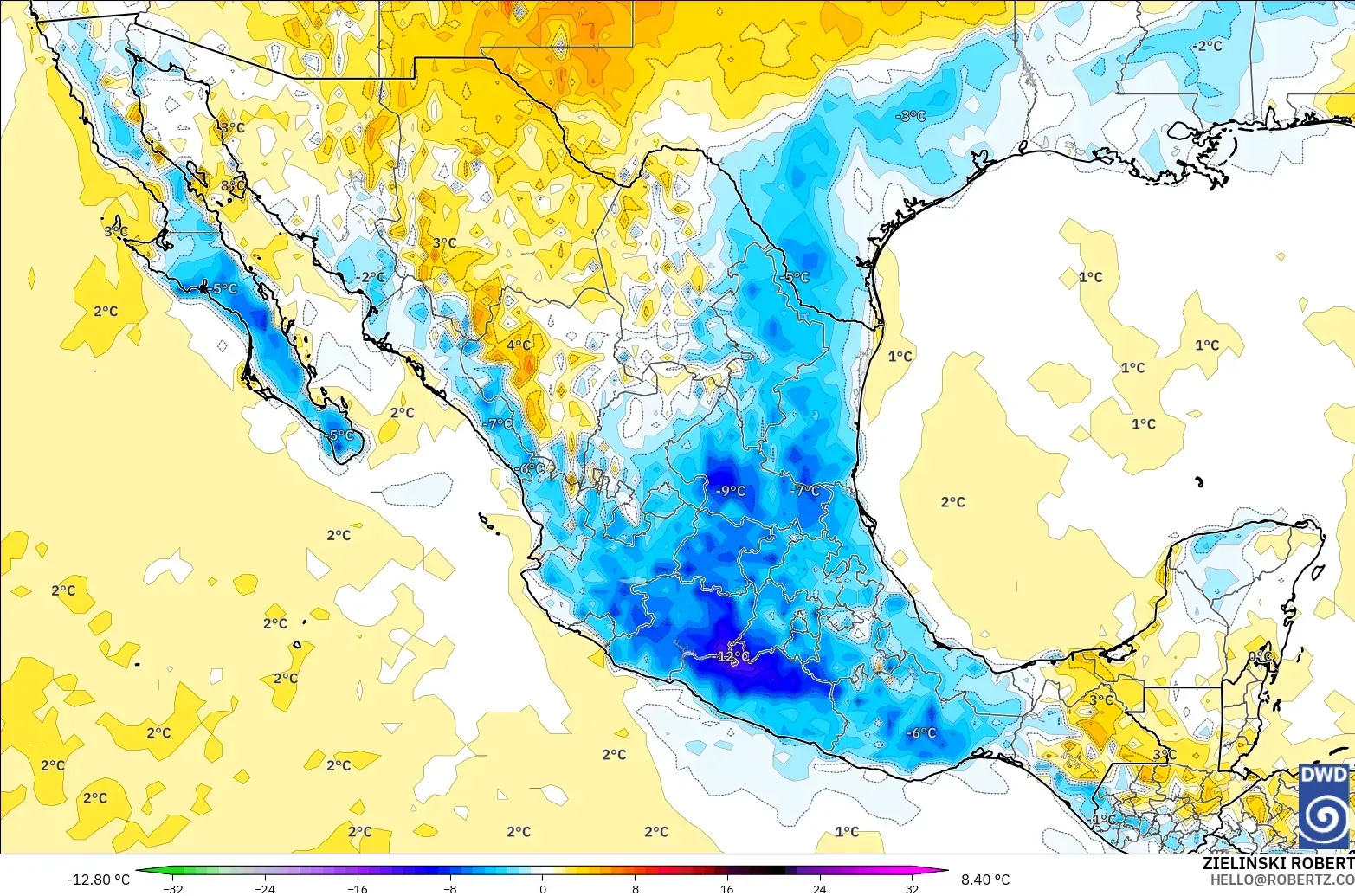 ICON modelo - Mexico, Temperature at 2m Anomaly