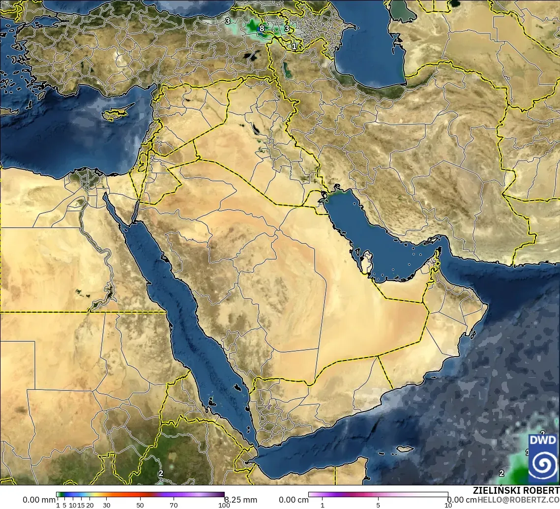 ICON modelo - Middle East, Precipitation, Clouds, and Pressure