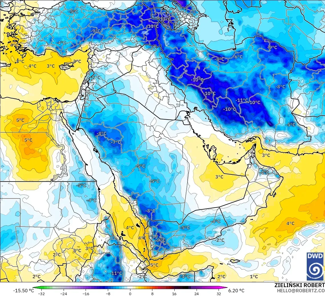 ICON modelo - Middle East, Temperature at 850hPa Anomaly