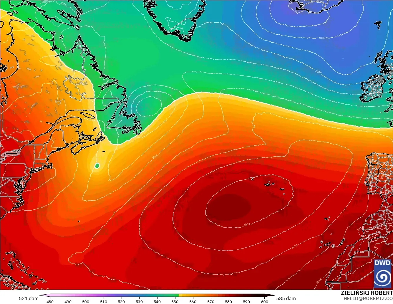 ICON modelo - North Atlantic, Geopotential height at 500hPa