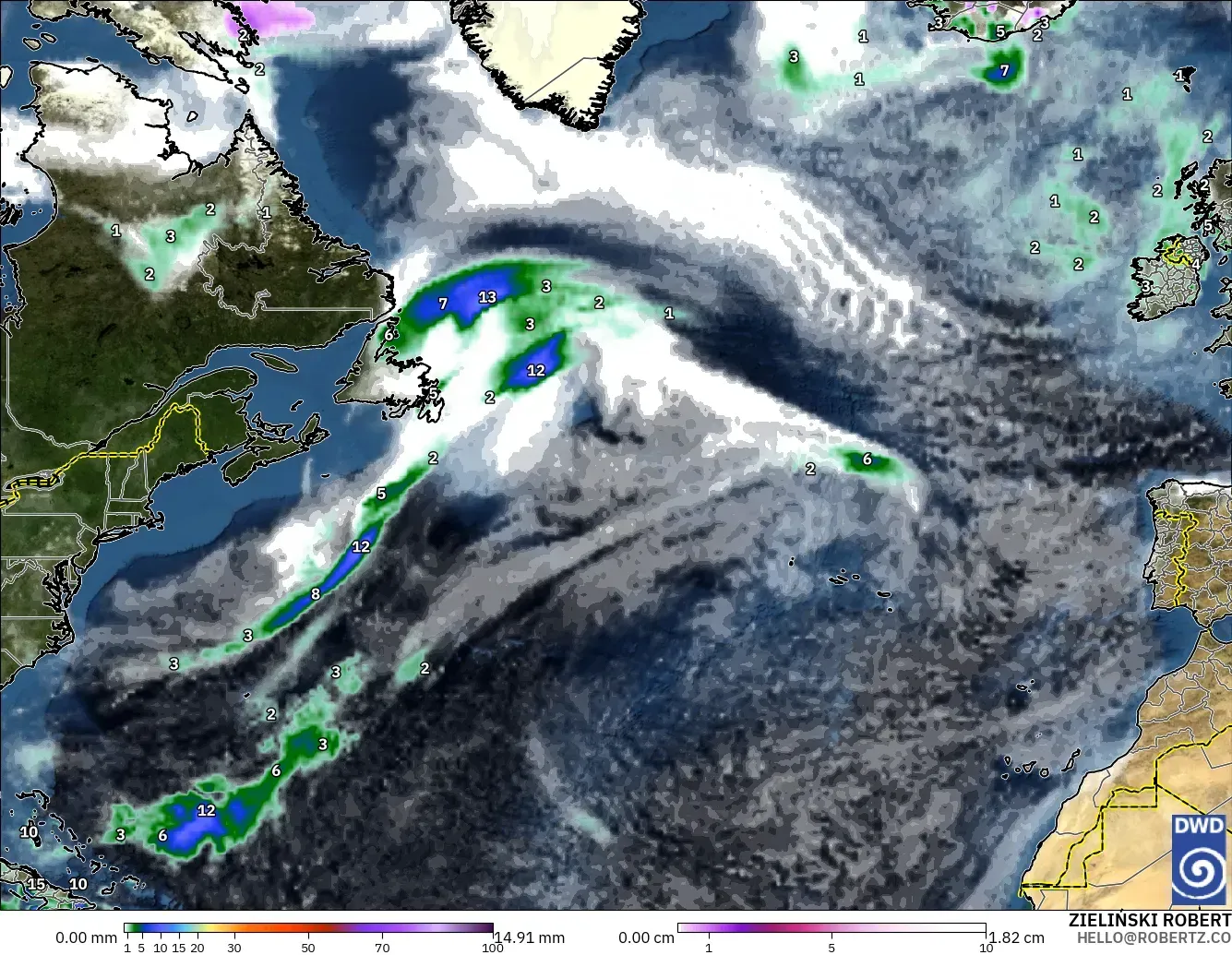 ICON modelo - North Atlantic, Precipitation, Clouds, and Pressure