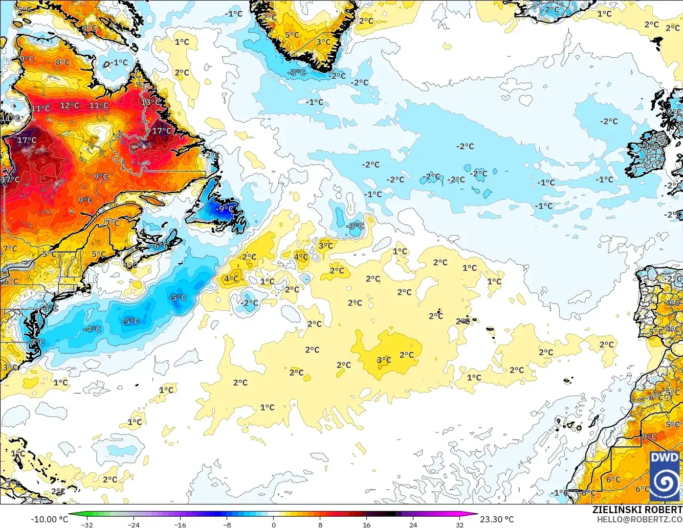 ICON model - Atlantik Utara, Anomali Suhu 2 m