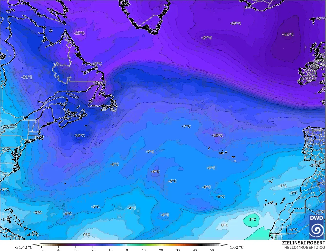 ICON modelo - North Atlantic, Temperature at 500hPa