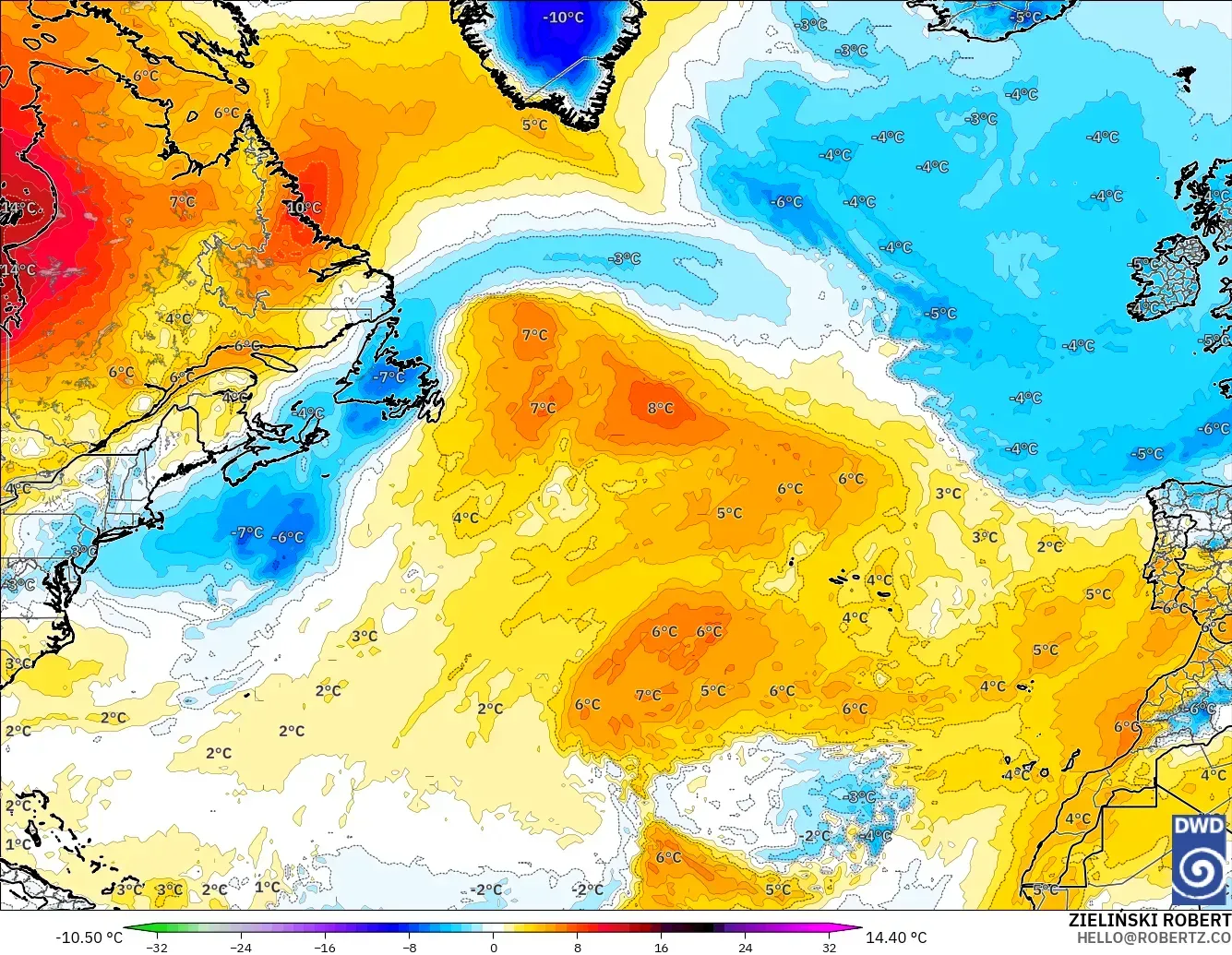ICON modelo - North Atlantic, Temperature at 850hPa Anomaly
