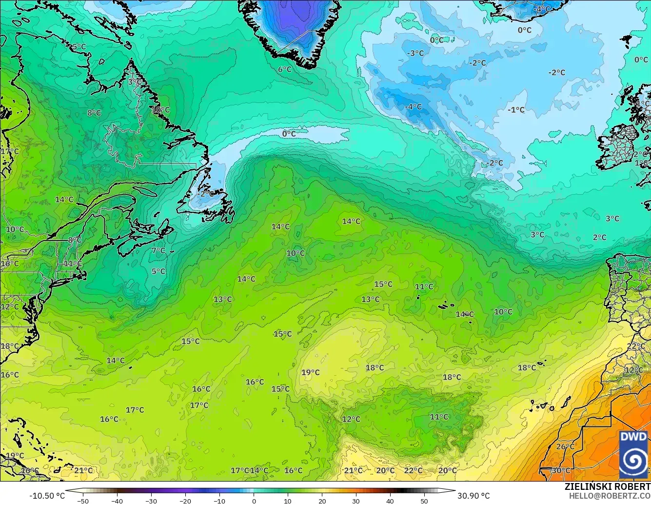ICON modelo - North Atlantic, Temperature at 850hPa