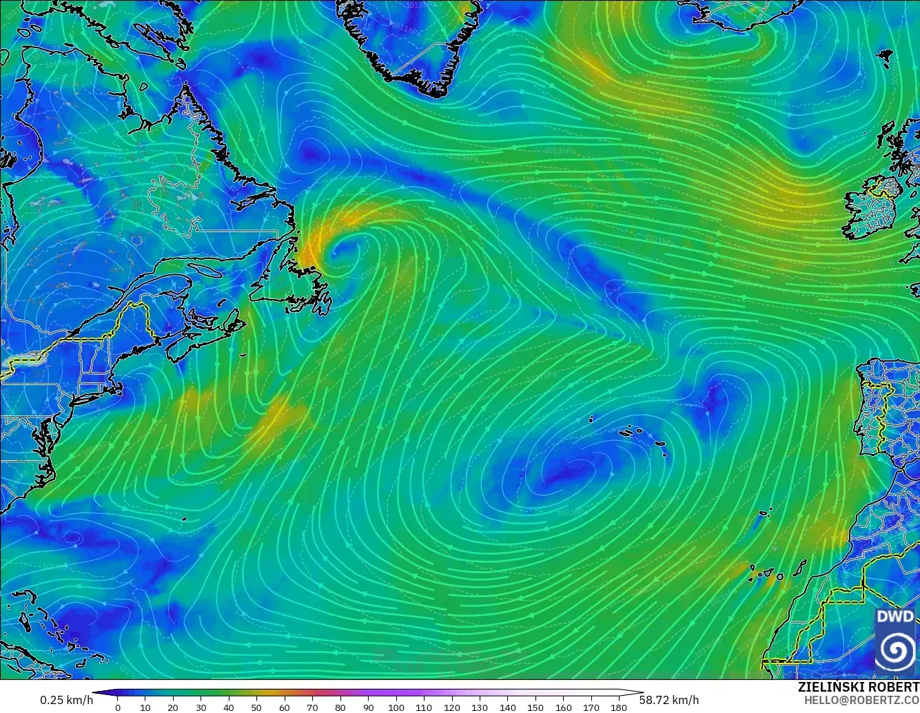 ICON modelo - North Atlantic, Wind at 10m