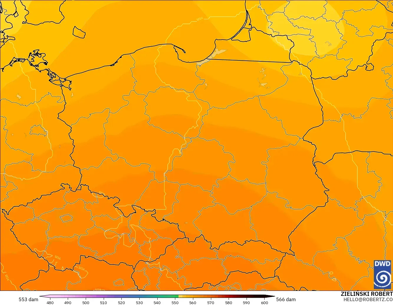 ICON modelo - Poland, Geopotential height at 500hPa