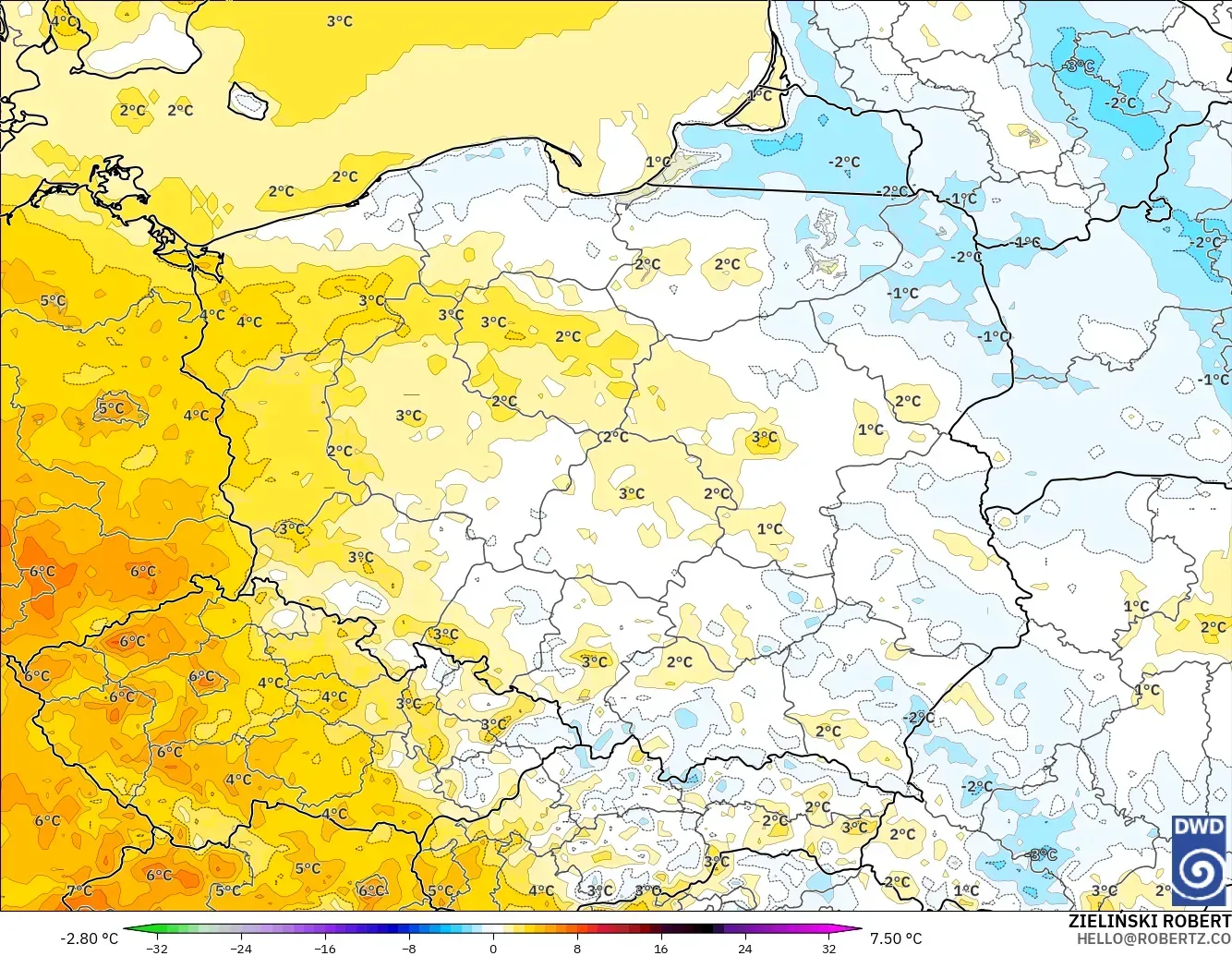 ICON modelo - Poland, Temperature at 2m Anomaly