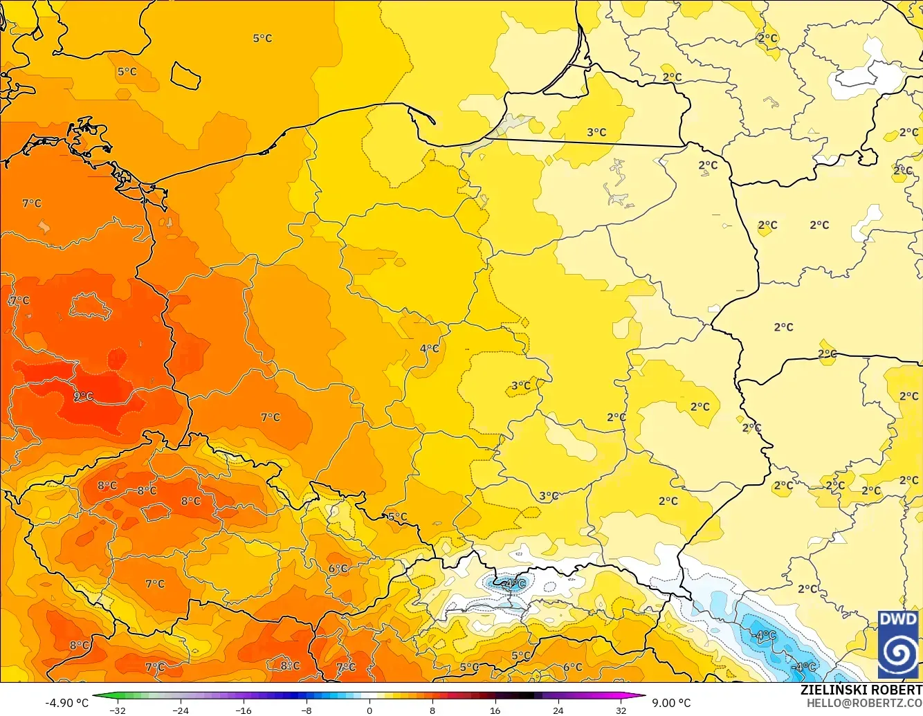 ICON modelo - Poland, Temperature at 850hPa Anomaly