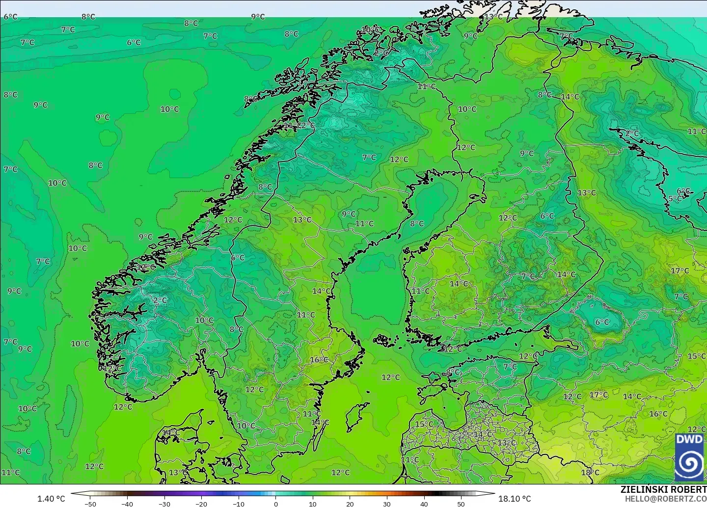 ICON modelo - Scandinavia, Dewpoint at 2m