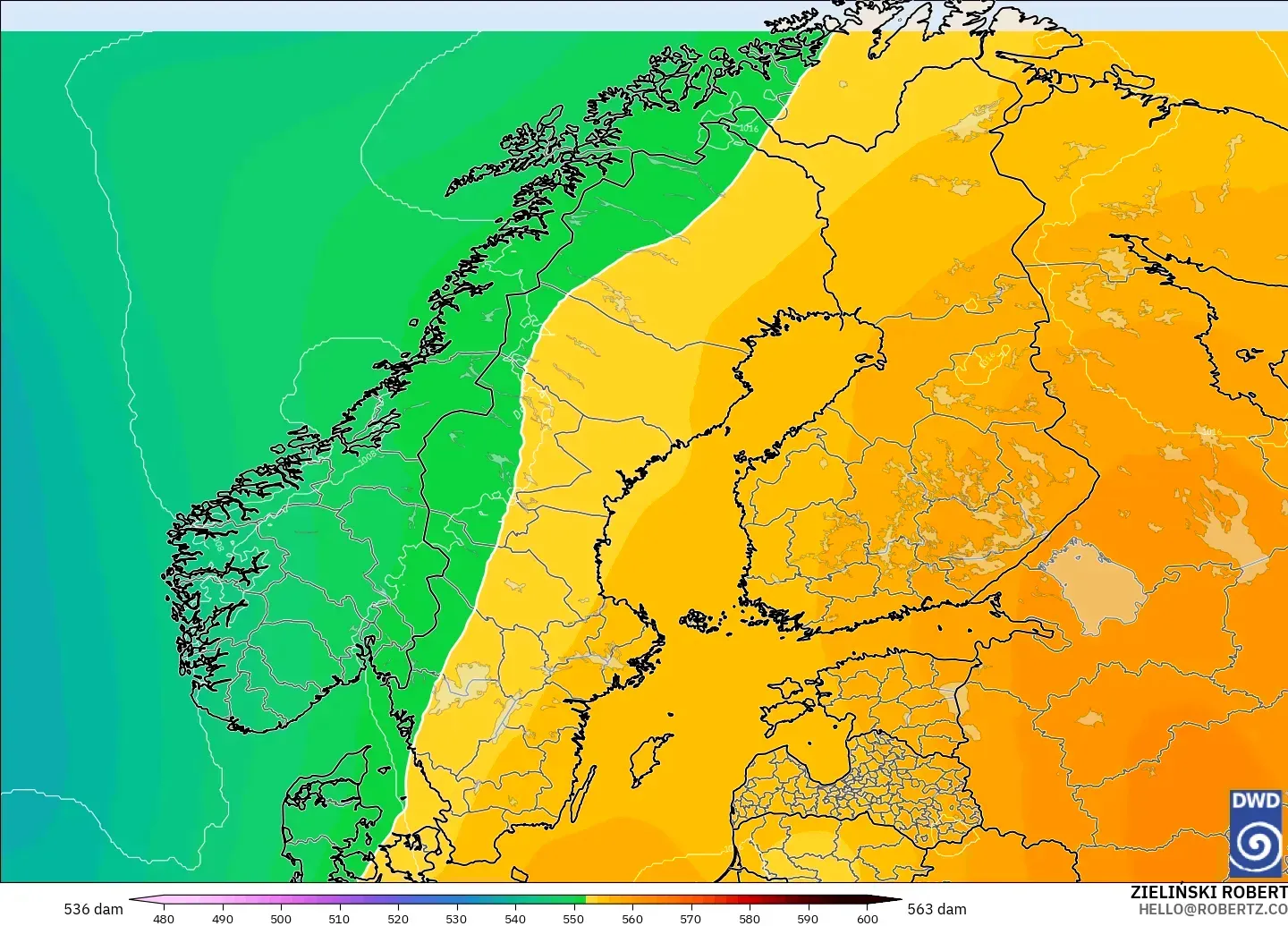 ICON modelo - Scandinavia, Geopotential height at 500hPa