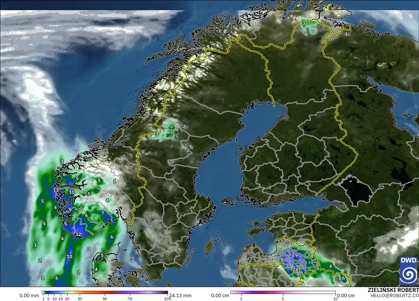 ICON modelo - Scandinavia, Precipitation, Clouds, and Pressure
