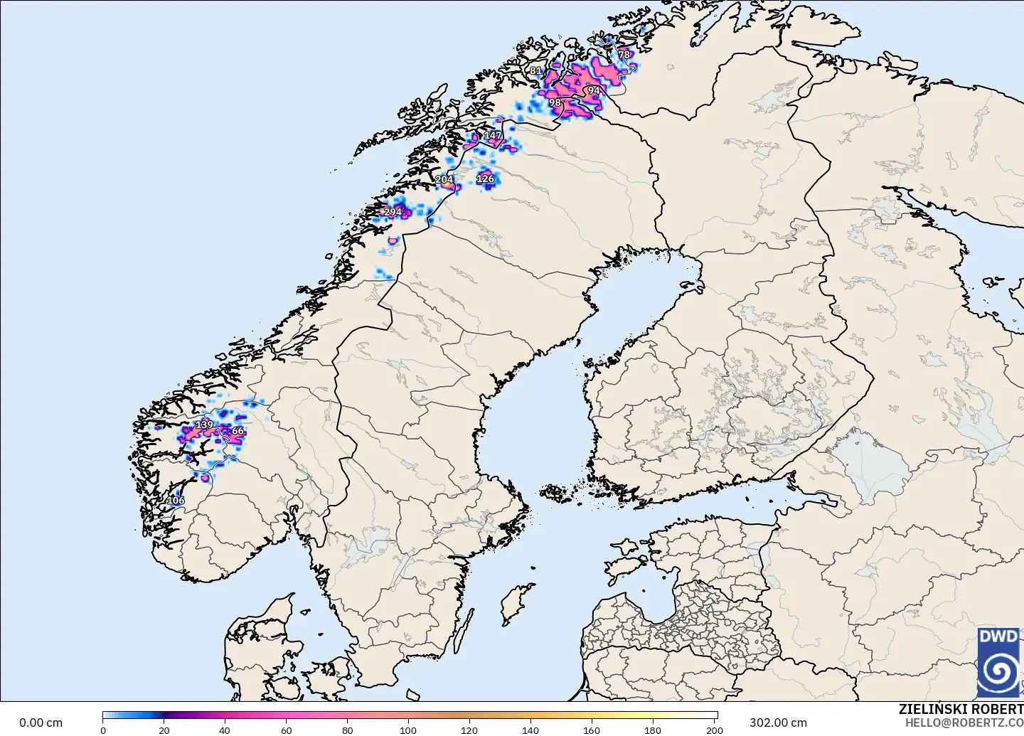 ICON modelo - Scandinavia, Snow Depth
