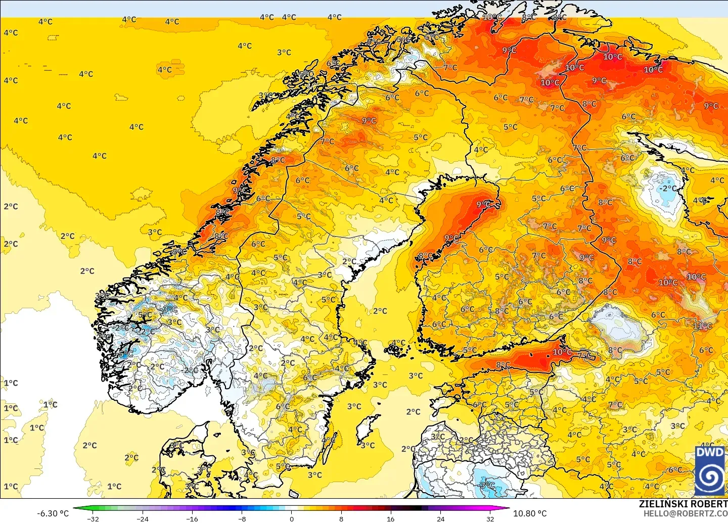 ICON modelo - Scandinavia, Temperature at 2m Anomaly