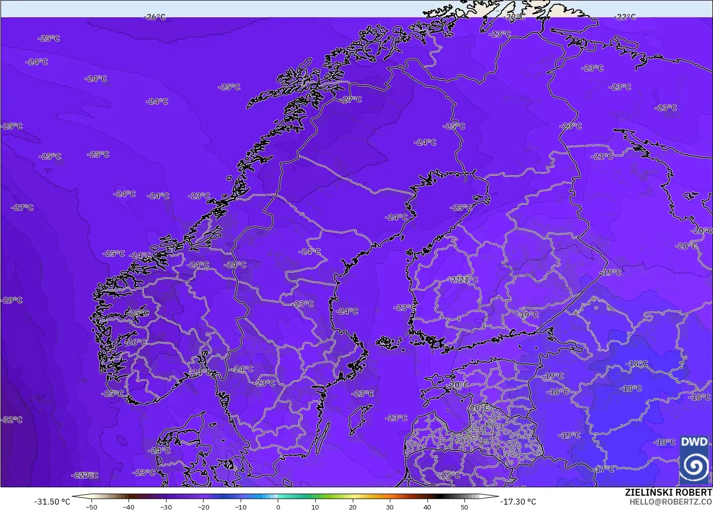 ICON modelo - Scandinavia, Temperature at 500hPa