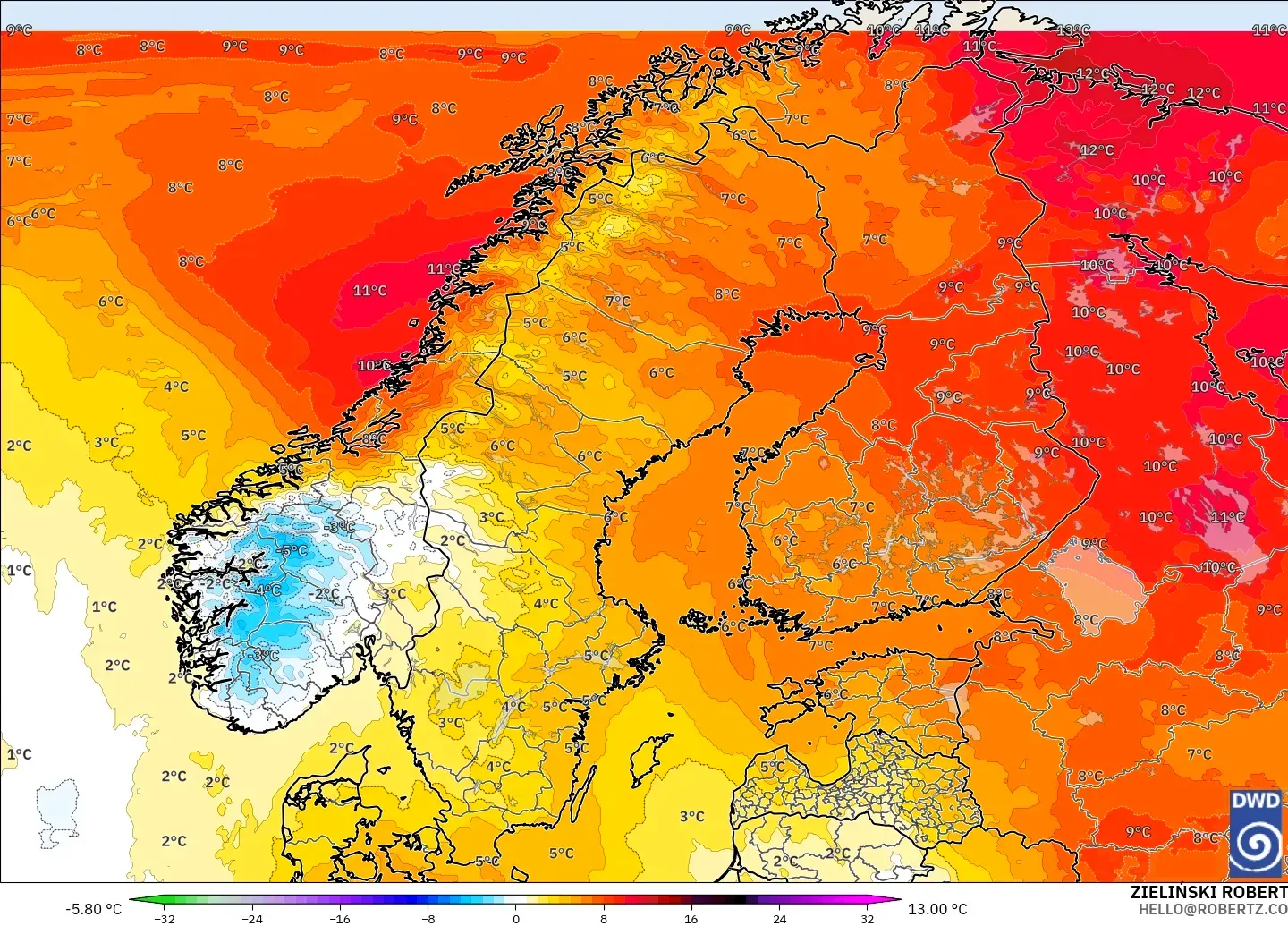 ICON modelo - Scandinavia, Temperature at 850hPa Anomaly