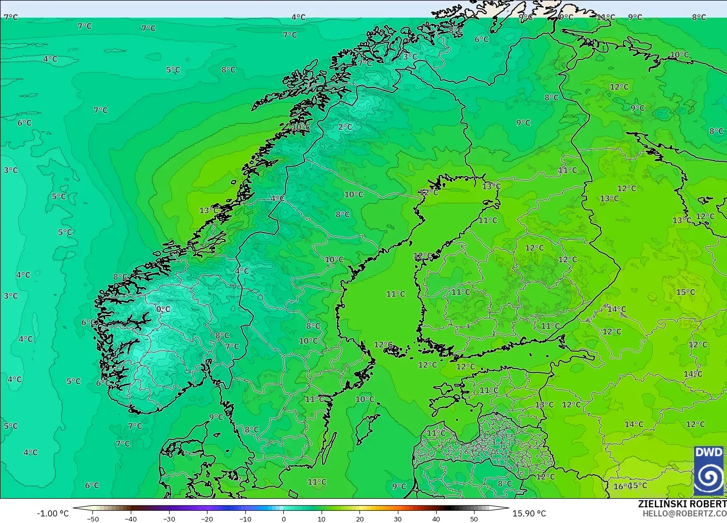 ICON modelo - Scandinavia, Temperature at 850hPa