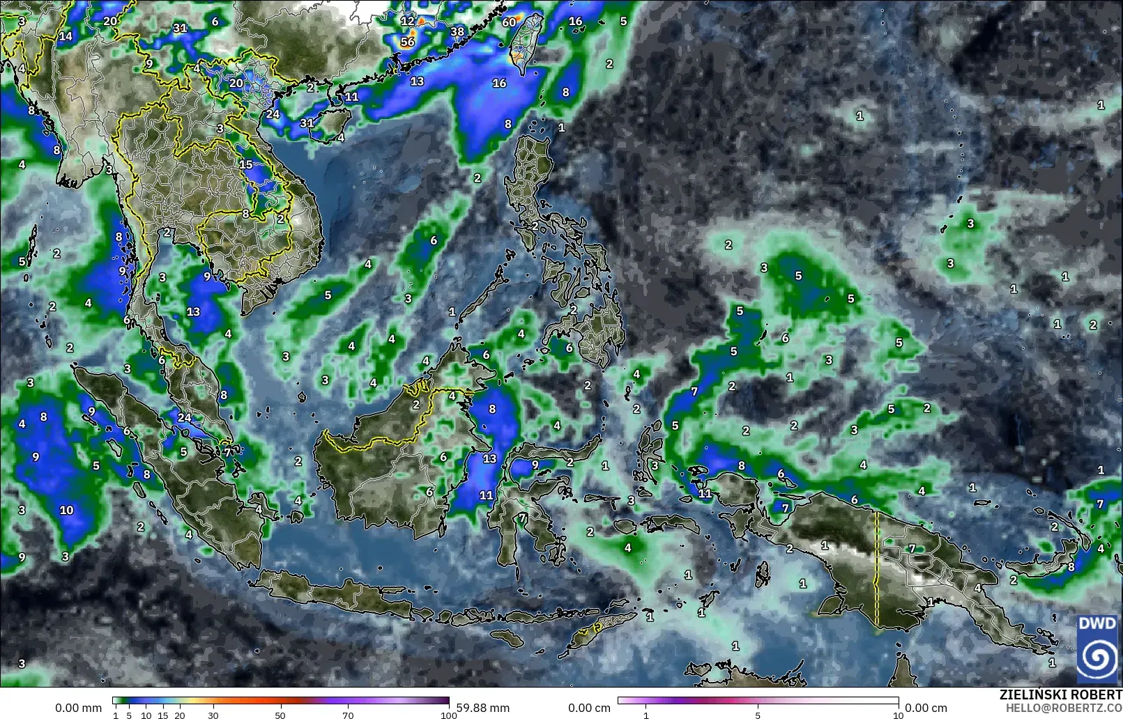 ICON modelo - South East Asia, Precipitation, Clouds, and Pressure
