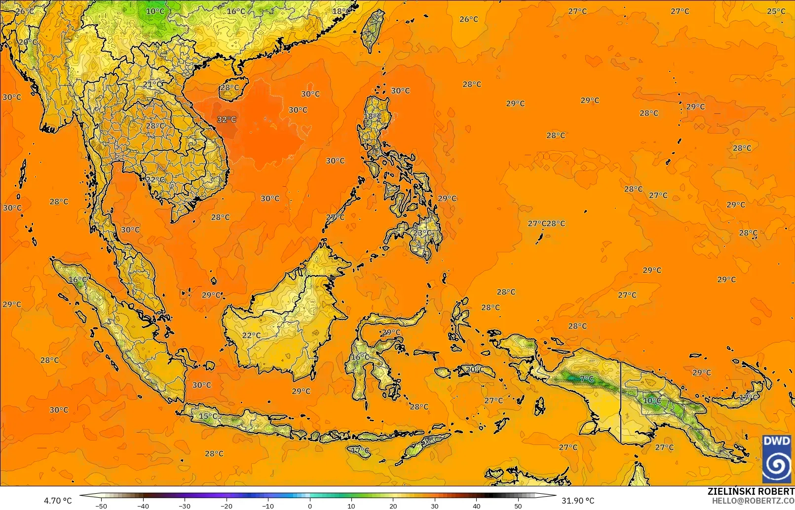 ICON modelo - South East Asia, Temperature at 2m