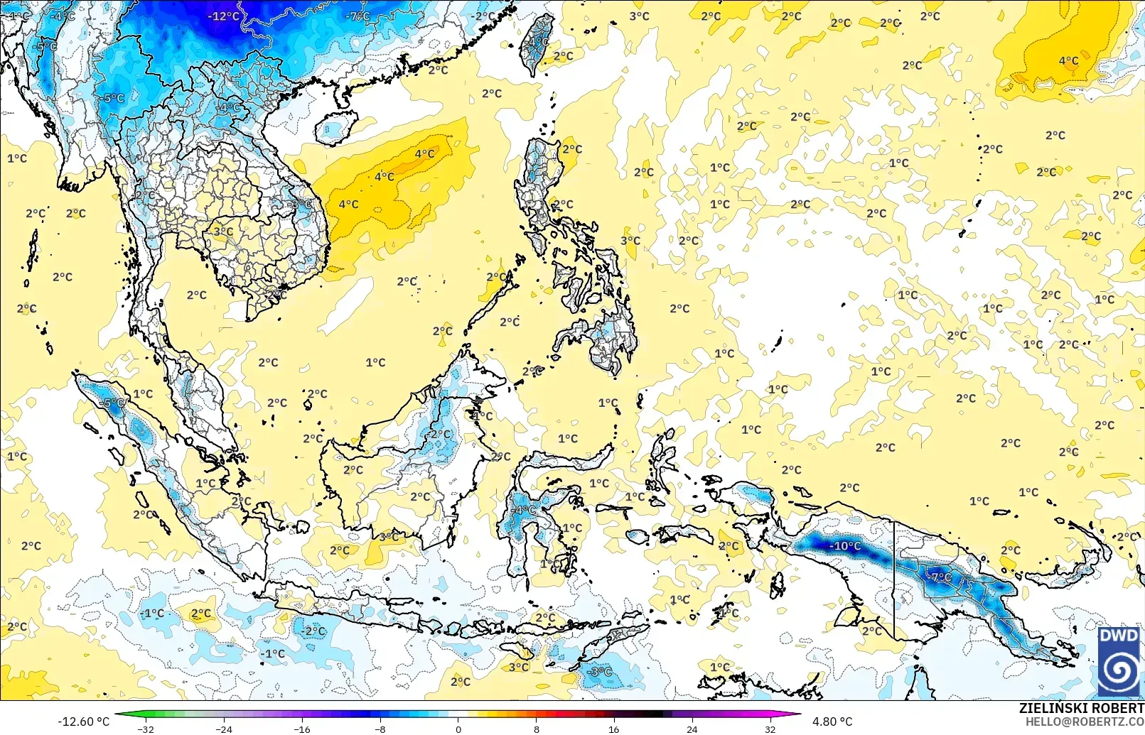 ICON modelo - South East Asia, Temperature at 850hPa Anomaly