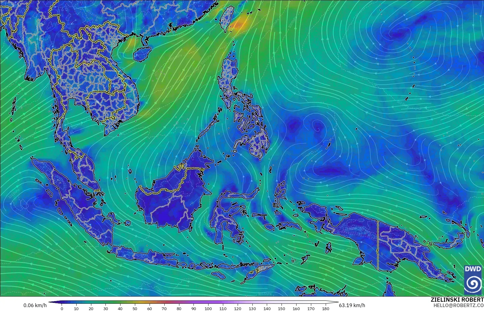 ICON modelo - South East Asia, Wind at 10m
