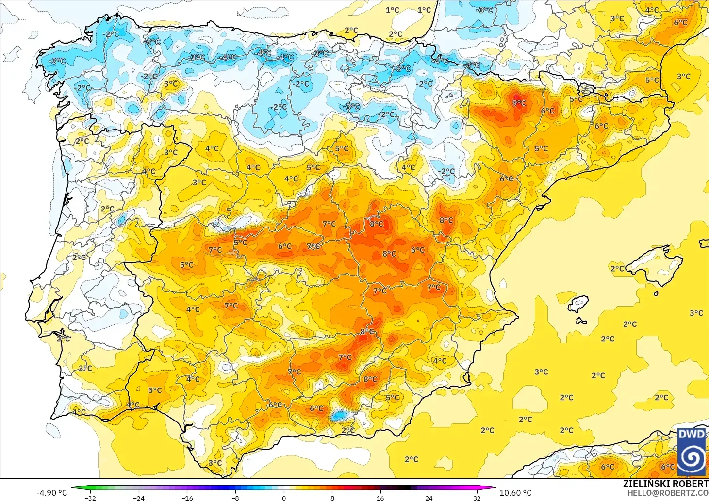 ICON model - Spanyol, Anomali Suhu 2 m