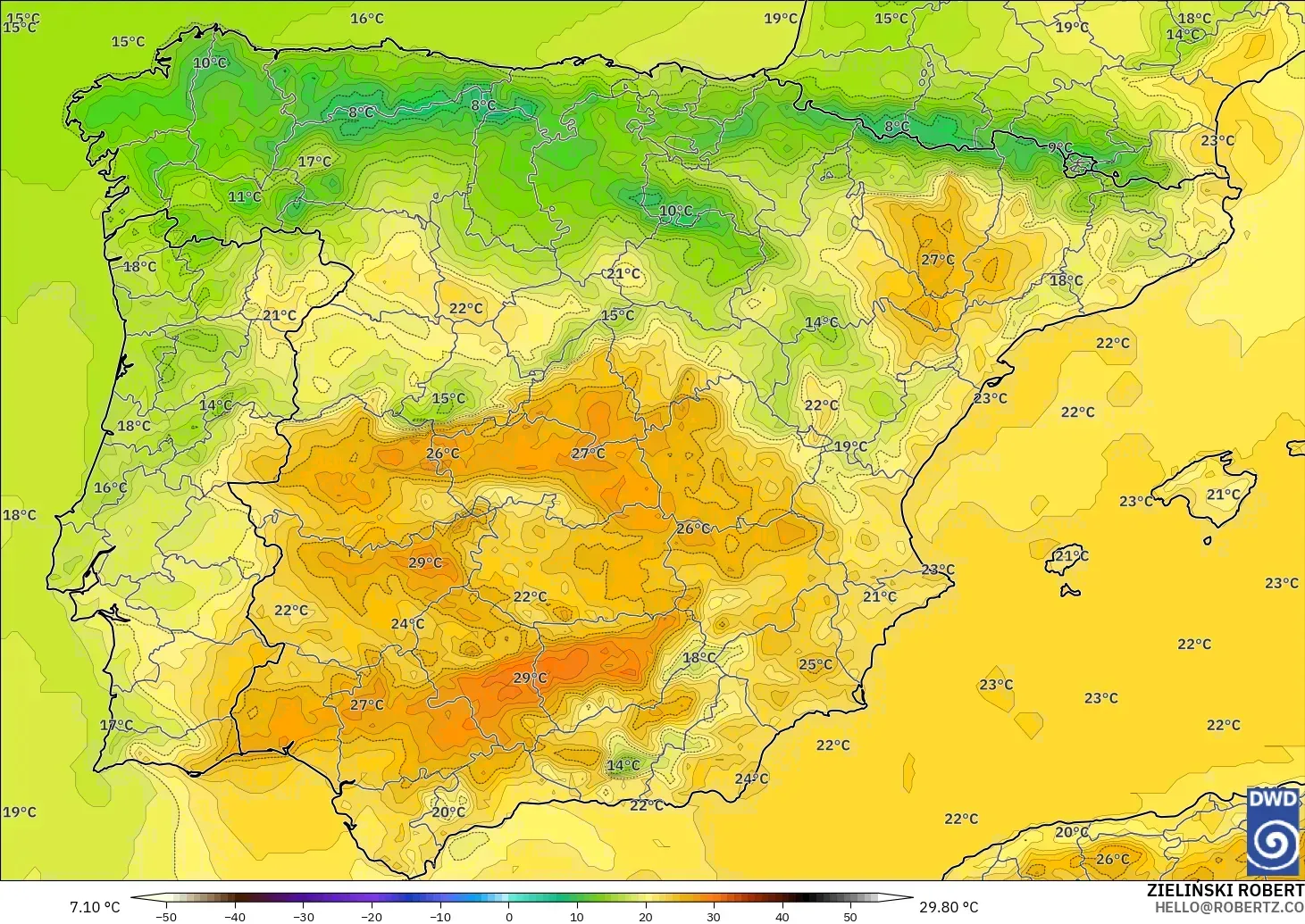 ICON modelo - Spain, Temperature at 2m