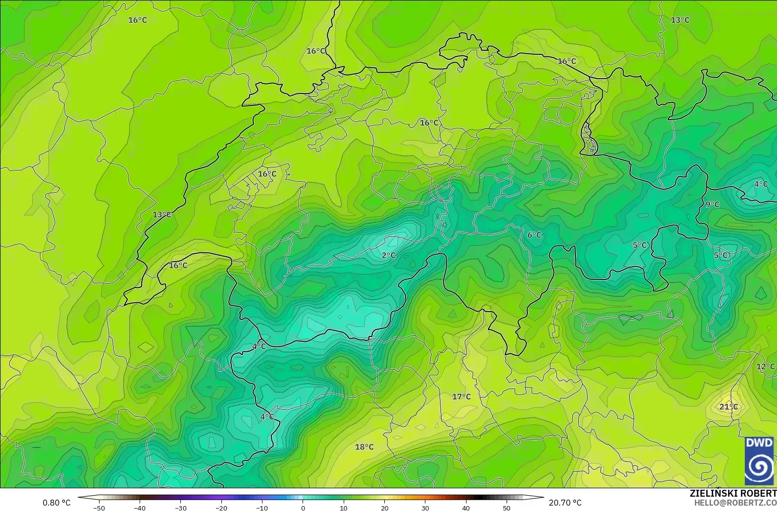 ICON modelo - Switzerland, Dewpoint at 2m